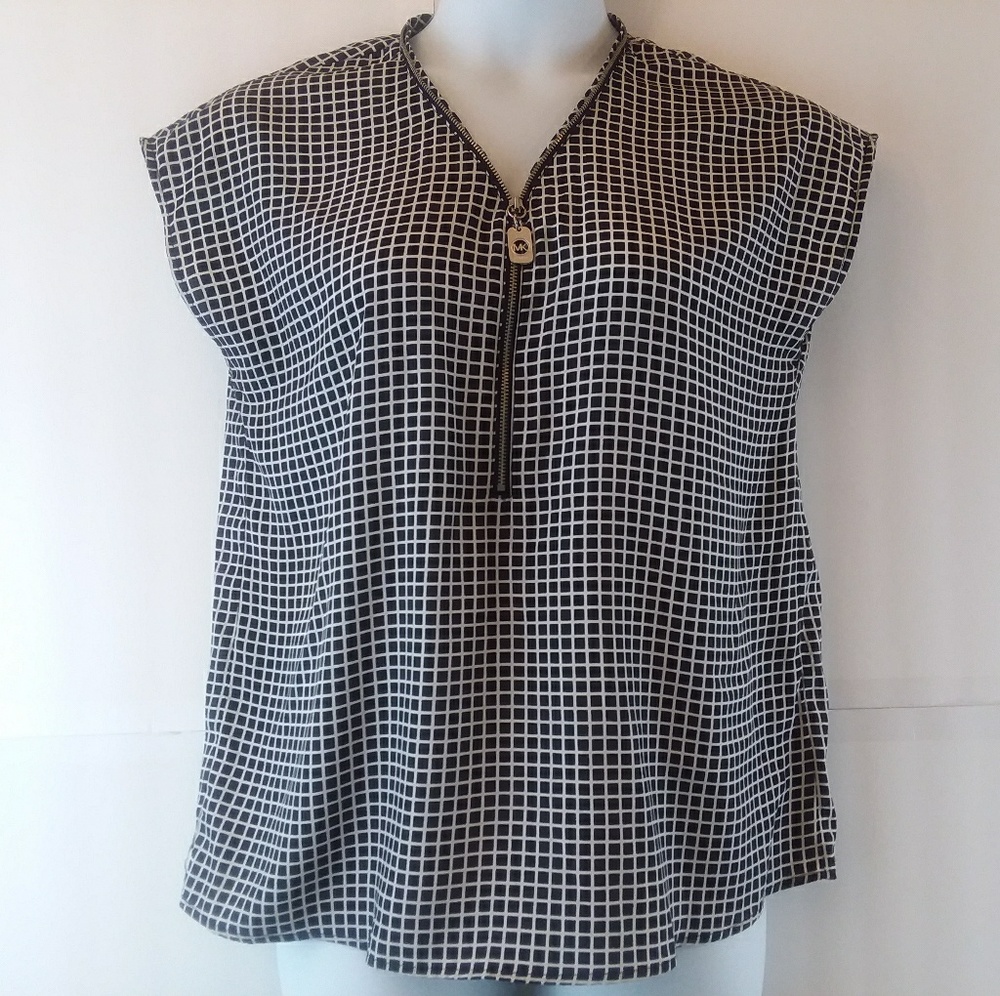 Michael Kors Black White Zip Front Blouse Sz L